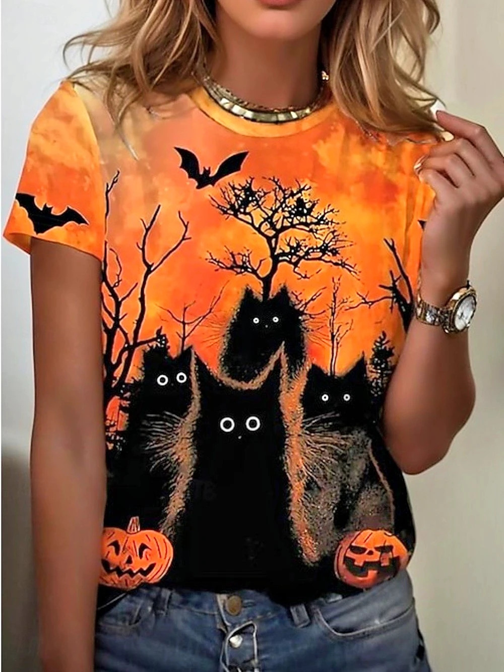 SHEIN Halloween Cat Graphic Tee Orange & Black Large